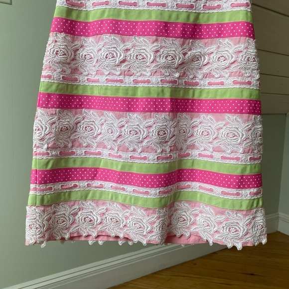 Lilly Pulitzer Dress 4 Strapless Pink Green White Lace Floral Polka Dot Ribbon - Picture 6 of 11